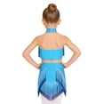thumbnail image 4 of TiaoBug Kids Girls Latin Dance Outfits Fringe Tassels Halter Backless Crop Top with Mini Skirts Dancewear Light Blue 14, 4 of 7