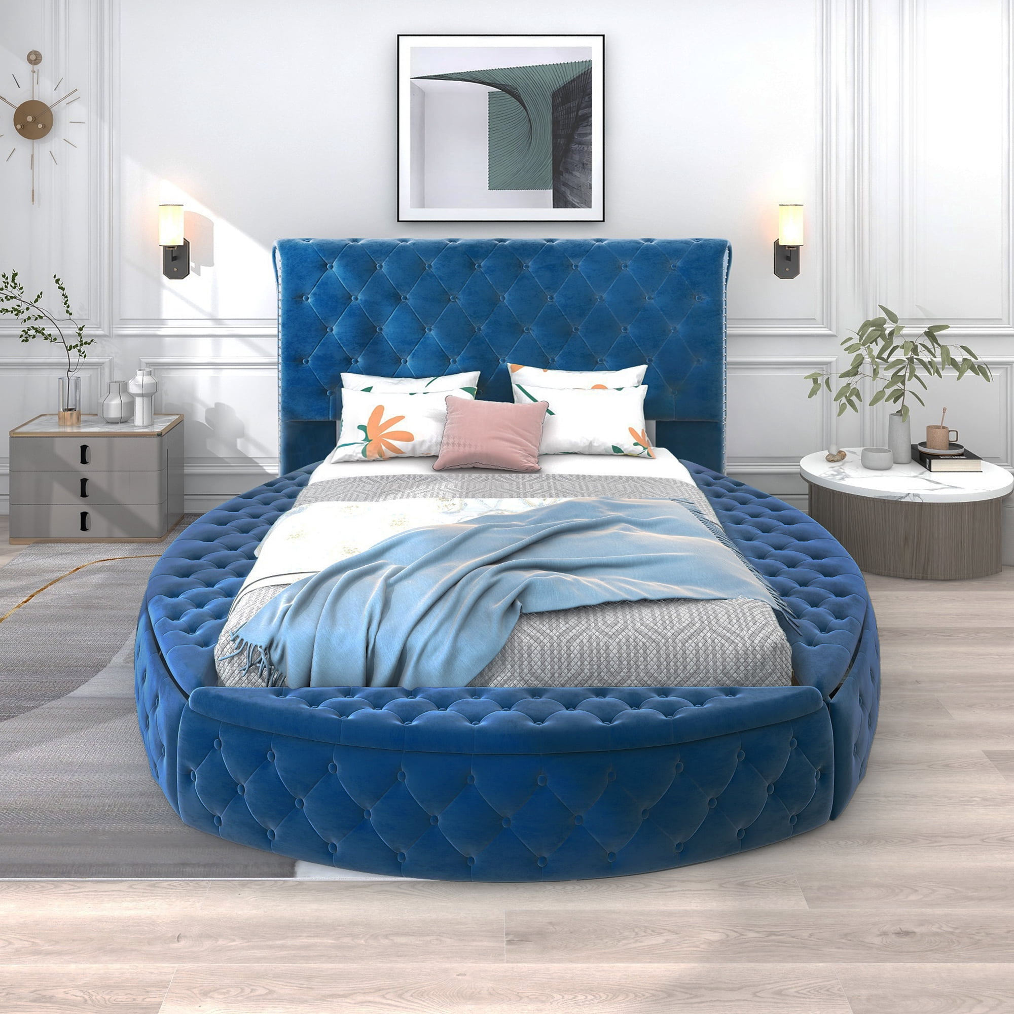 Full Size Round Shape Upholstery Low Profile Storage Platform Bed with Storage Space on Both Sides, Blue
