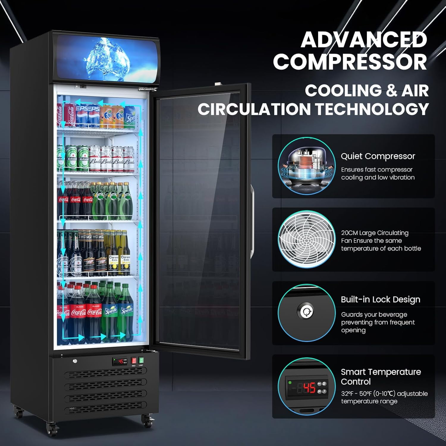 12 Cu Ft Commercial Beverage Fridge w/ Glass Door & LED Light - Freestanding Display Cooler for Shop, Restaurant, Business