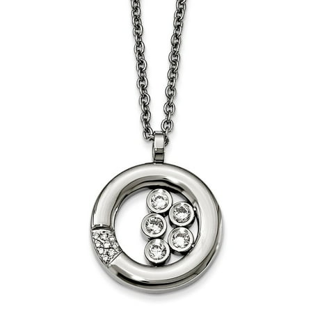 21.5 Inch Pendant - Stainless Steel Polished Circle Cubic Zirconia Necklace - 21.5 Inch