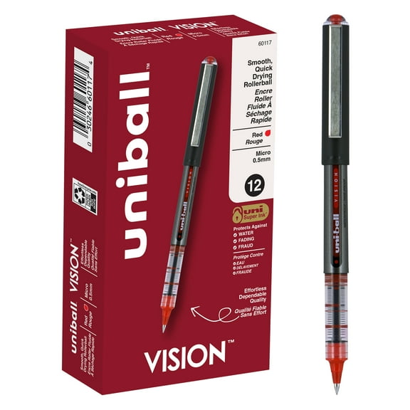 uniball Vision Rollerball Pens, Micro Point (0.5mm), Red Ink, 12 Count