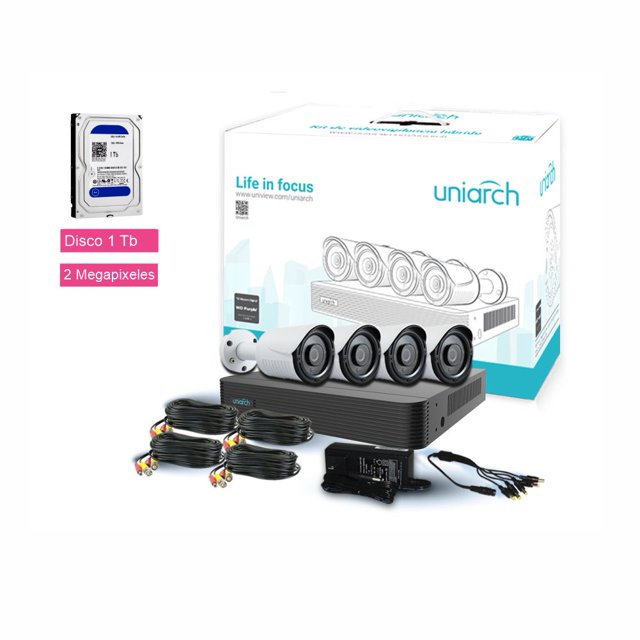Kit 4 camaras / 2 megapixeles / grabador 4 canales / Disco duro 1Tb/ cables de conexión. UNIARCH BALA