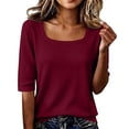 thumbnail image 2 of Qwertyu Short Sleeve Sweater for Women Summer Square Neck Pullover Tops Business Casual Lightweight Sweaters Spring Fall Clothes 2026 Wine 2XL, 2 of 5