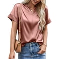 thumbnail image 1 of Blusa de satén con escote en V y manga corta para mujer, primavera y verano, color rosa puro, transpirable y elegante, talla XL, 1 of 6