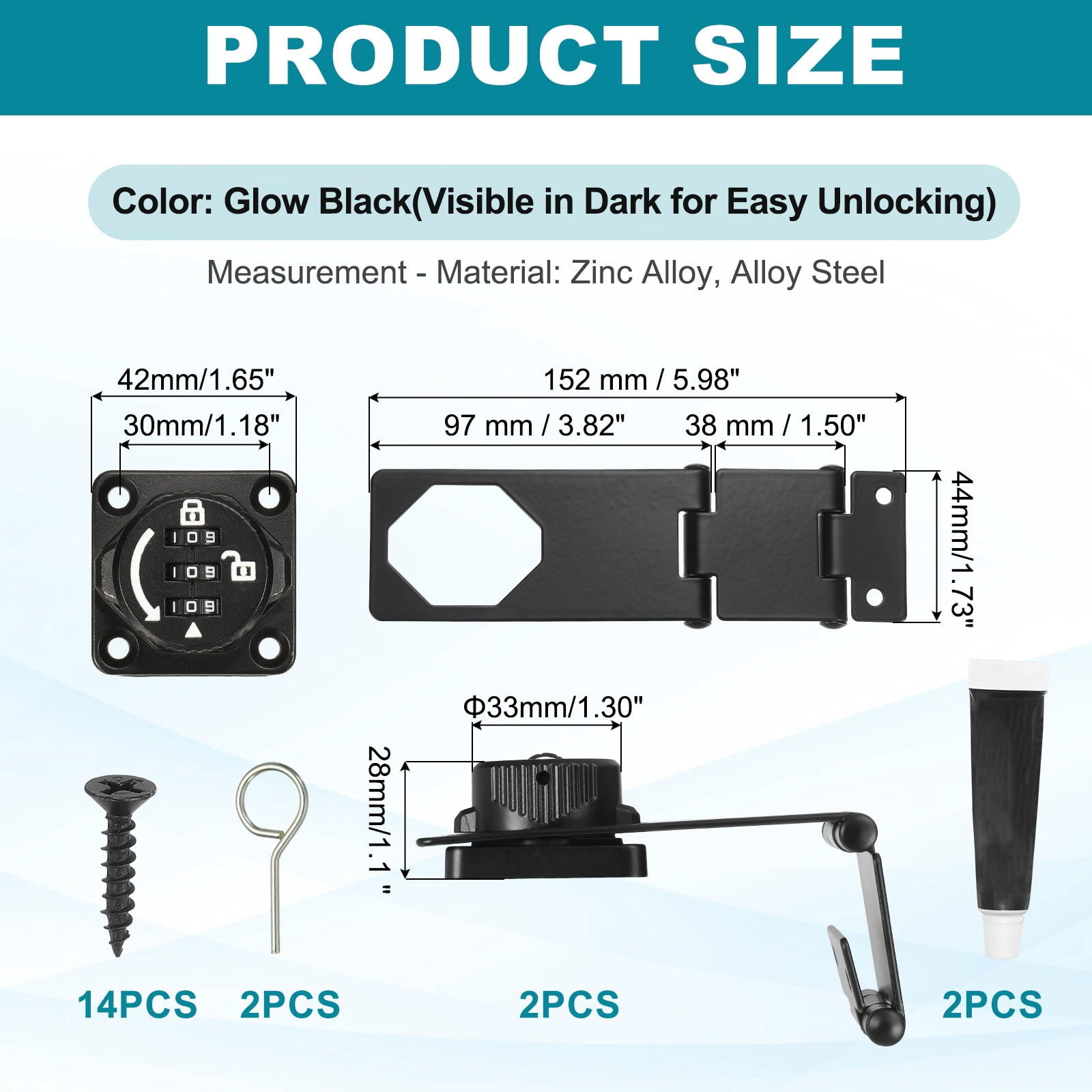 Uxcell Password Rotary Hasp Lock (Glow Black) (2 Set), Tri-fold Keyless 3-Digit Combination Security Slide Latch Cabinet Locks, Suit For- Door/Closet/Barn/Bathroom/Outdoor/Garden