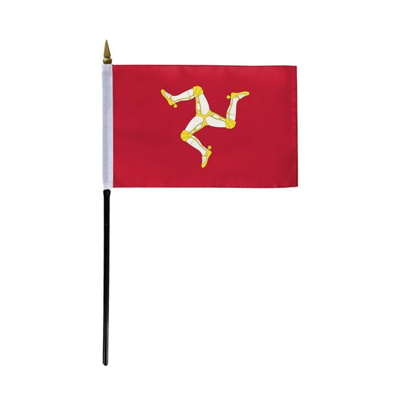 AGAS Isle of Man Flag 4x6 inch - 11" Plastic Pole 100% Polyester Stitched Edges brattagh Vannin English Triskelion National Mini Flag on a Stick