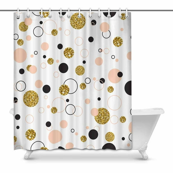 SUNENAT Modern Stylish Polka Dots in Black Coral (Not Real) Glitter Gold Waterproof Shower Curtain, Bathroom 60(Wide) x 72(Height) Inches