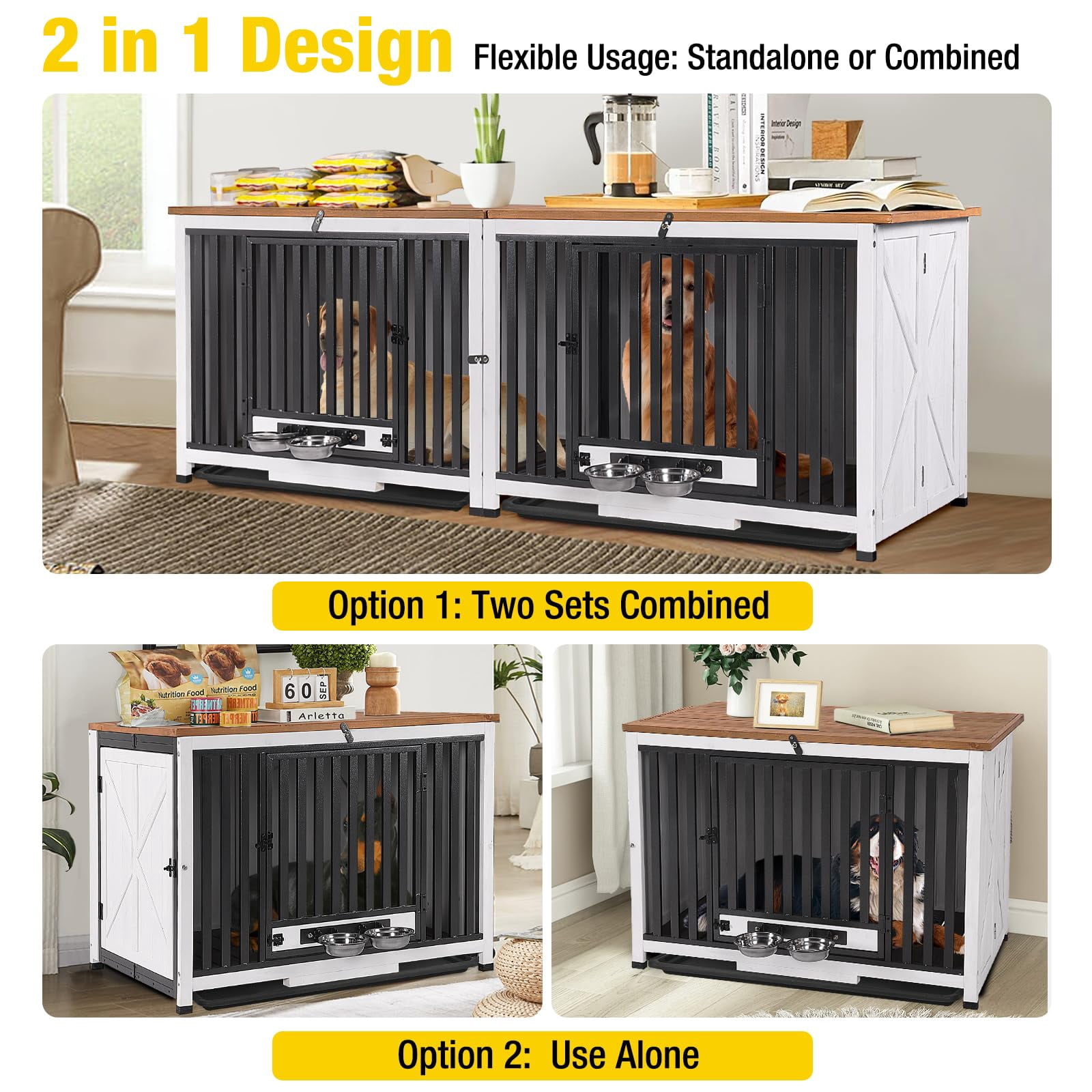 Aivituvin 78.8" Dog Crate Furniture for 2 Dogs, 100% Solid Wood Large Double Dog Crate Furniture for Large Breed with Metal Pipe, Indoor Dog Kennel TV Stand End Table with 360° Rotatable Dog Bowls