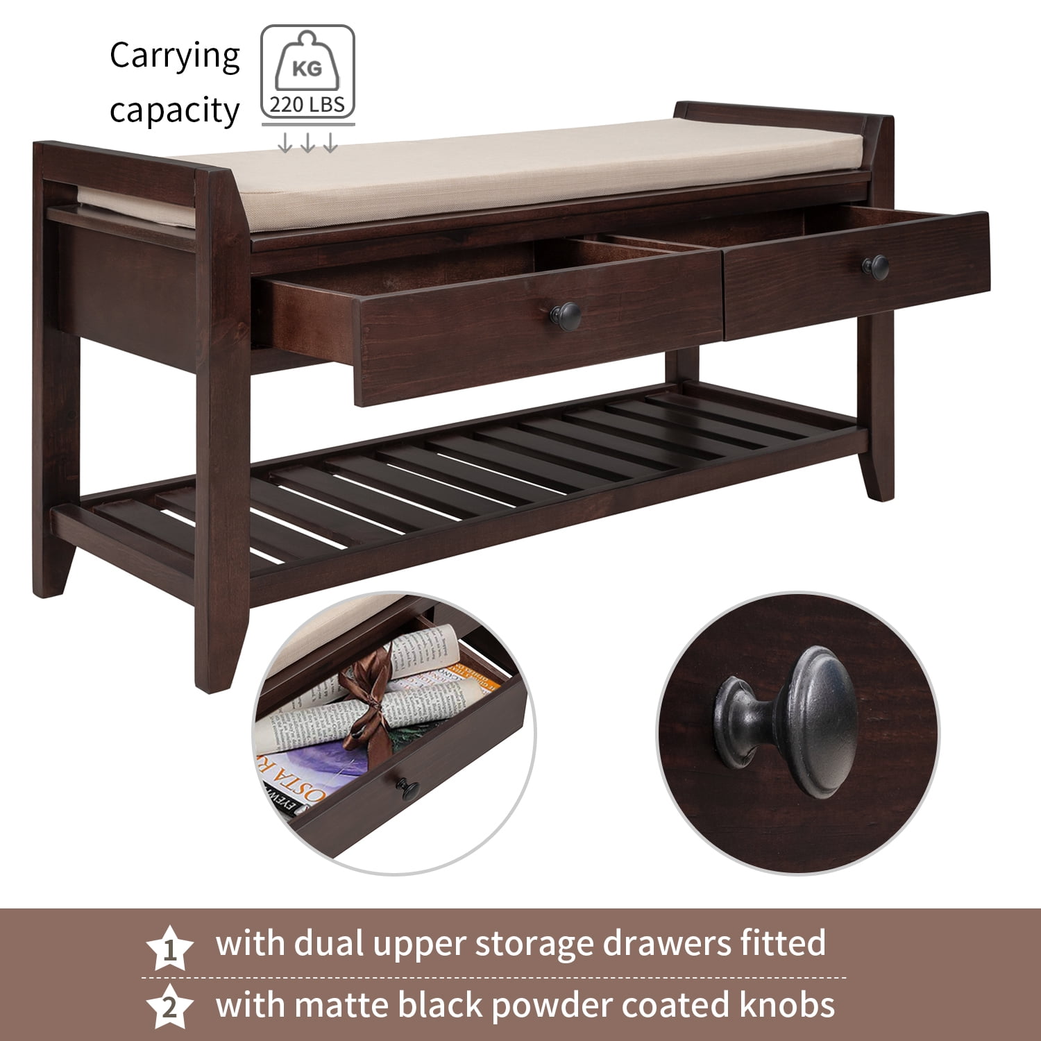 DEALTOPS Vintage Storage Bench with 2 Drawers and Soft Cushion, Multipurpose Shoe Rack for Entryway - Espresso