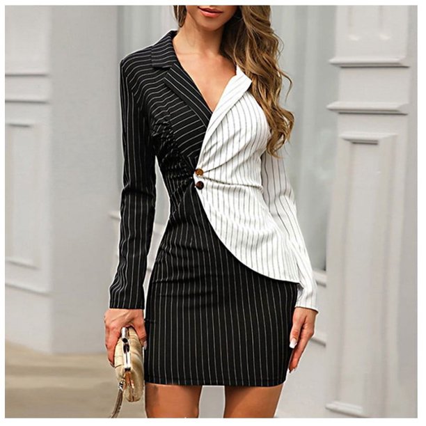 Vestido de traje profesional ajustado a la cadera para mujer, vestido de largo medio con contraste de color y rayas