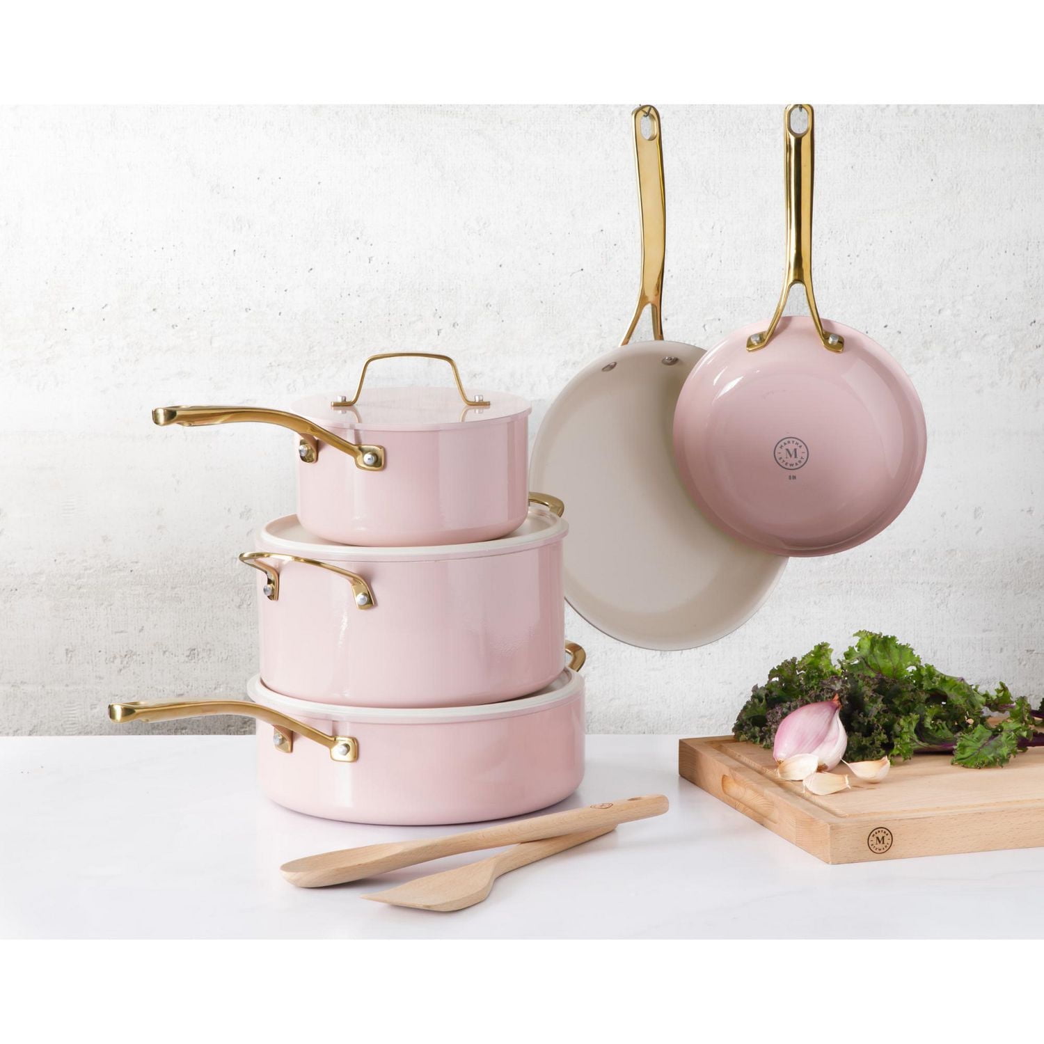 Martha Stewart Galway Batterie de cuisine 10 pièces en aluminium avec couvercle en alun Rose