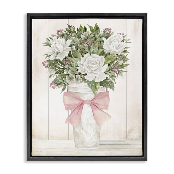 Stupell Industries Pretty In Pink Roses & Bow Black Framed Floater Canvas Wall Art, design by Cindy Jacobs