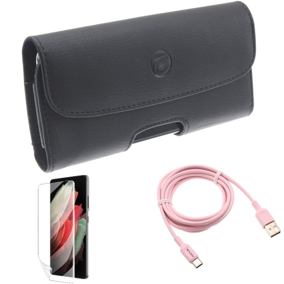 Matte Screen Protector & Case Belt Clip & 6ft USB-C Cable for Samsung Galaxy S22 Plus (S22 ) - Combo TPU Film Anti-Glare & Leather Holster Cover & Pink Charger Cord Power