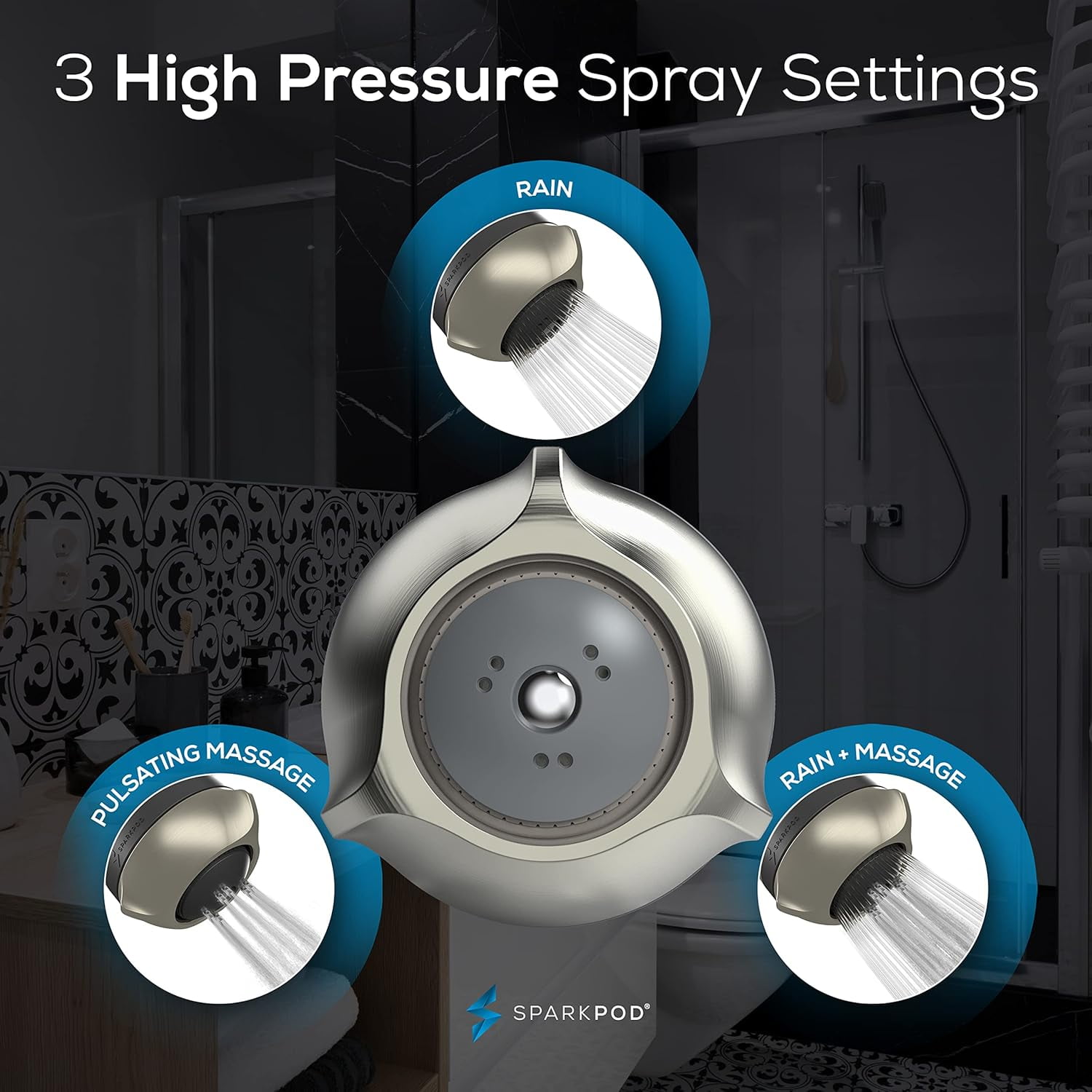 SparkPod High Pressure Shower Head - Rain, Massage & Pulsating Modes, Water-Saving, Wall Mount (Brushed Nickel)