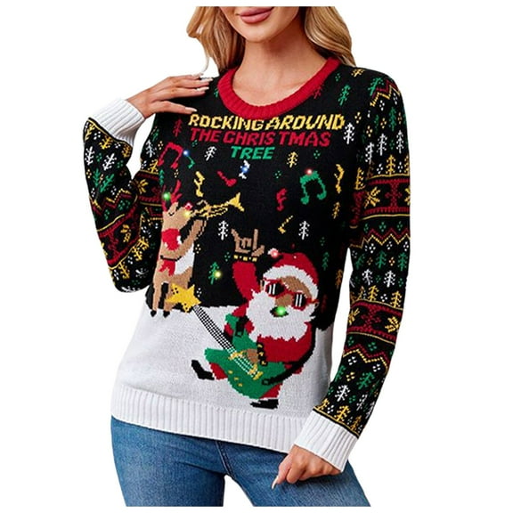 Hpapadks Sweaters for Women Trendy Led Lights Christmas Santa Jacquard Knitted Sweaters Pullover Tops Halloween Sweater Black L