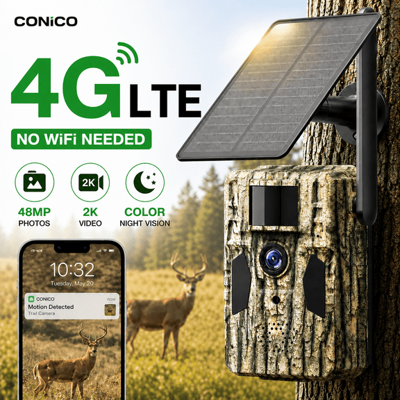 Conico 4G LTE Solar Cellular Trail Camera, 48MP Photos & 2K Video, Color Night Vision, 0.1s Trigger, Hunting Wildlife Game Camera