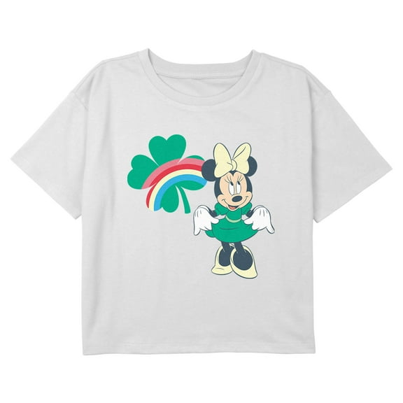 Girl's Minnie Mouse Clover Rainbow Happy Pose Graphic Cropped T-Shirt