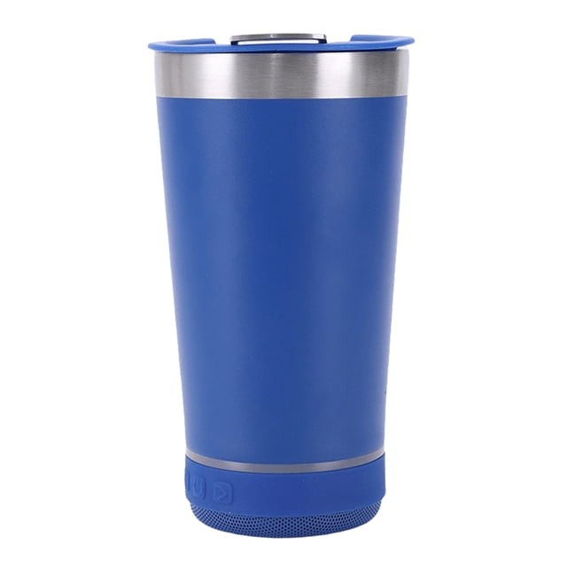 botella de agua portátil ndcxsfigh taza del viaje con altavoz bt acero inoxidable Azul oscuro 500ml, vista frontal centrada de vaso aislado cilíndrico con cuerpo azul mate y borde superior en acero inoxidable; tapa con abertura deslizante y altavoz Bluetooth desmontable en la base con rejilla y botones visibles; dimensiones 180x95x65mm, adecuada para beber y reproducir audio mientras viajas.