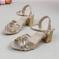 thumbnail image 5 of Women's Chunky Heels Strappy Trendy Dressy Party Shoes Square Toe Block Heel Sandals Ladies Tie Up Summer Heeled Shoes Gold 8, 5 of 7