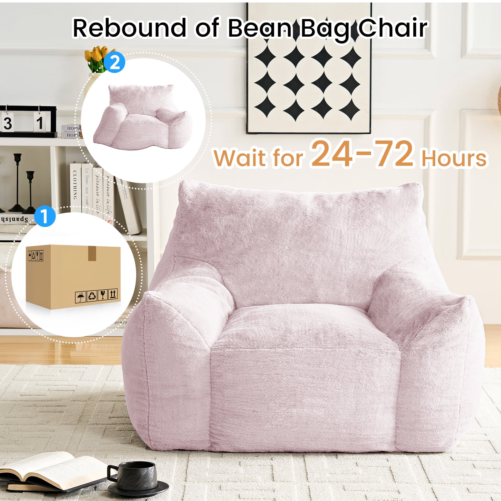 ZAFLY Oversized Bean Bag Chair for Adults, Faux Fur Large Comfy Chair with Footstool, Big Lazy Floor Sofa for Gaming - Pink