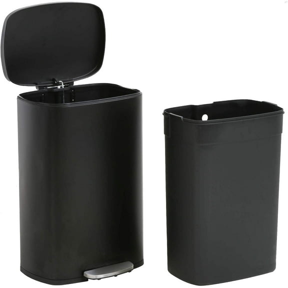 13 Gallon Trash Can Kitchen Trash Can Soft Close Lid Garbage Can with Lid Stainless Steel Trash Bin Hands-Free Footed Garbage Bin for Kitchen Bathroom Wateproof Trashcan, Black