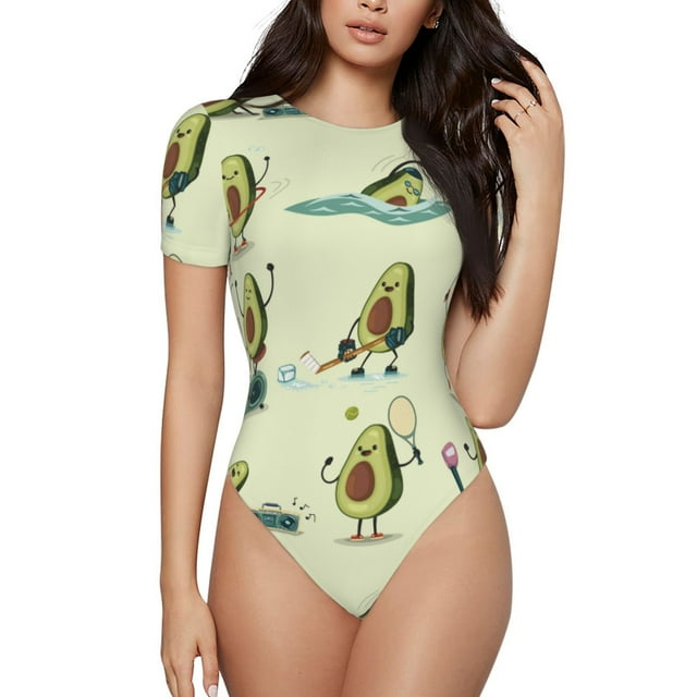 Saiise Motif Avocat pour l'Exercice Combinaison à Manches Courtes pour Femme Pyjama à Col Rond Justaucorps Extensible avec Fermeture à Boutons-Pression-Petit