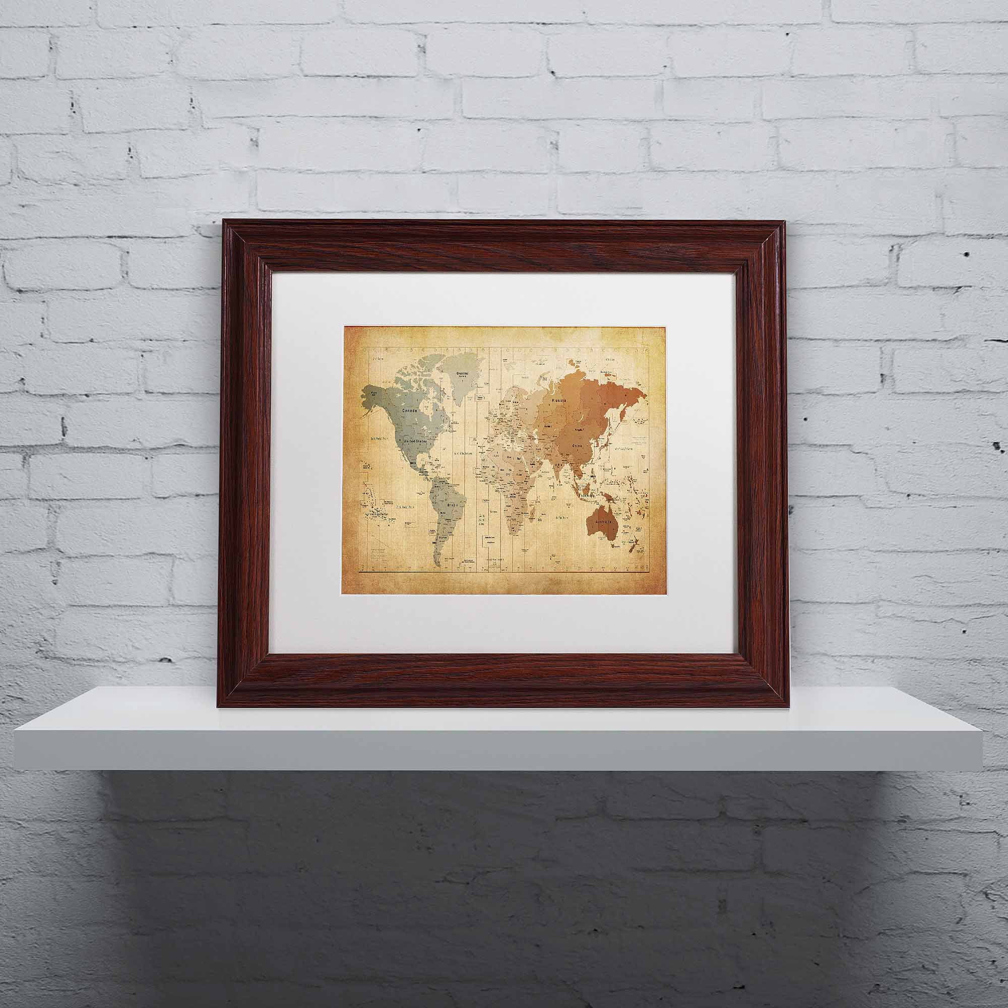 Trademark Fine Art "Time Zones Map of the World" Canvas Art by Michael Tompsett, White Matte, Wood Frame