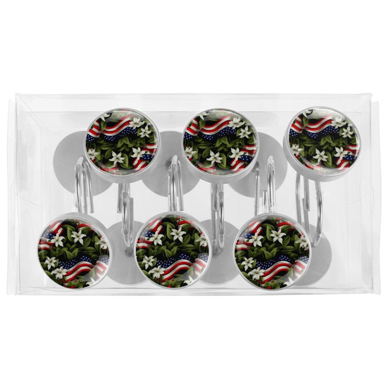 12 Pack Round Shower Curtain Hooks Crystal Glass Shower Rings American Flag and Plants Curtain Hooks Home Decoration