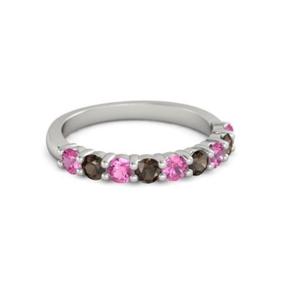 925 Sterling Silver Round 2.50 MM Pink Tourmaline Smoky Quartz Eternity Ring