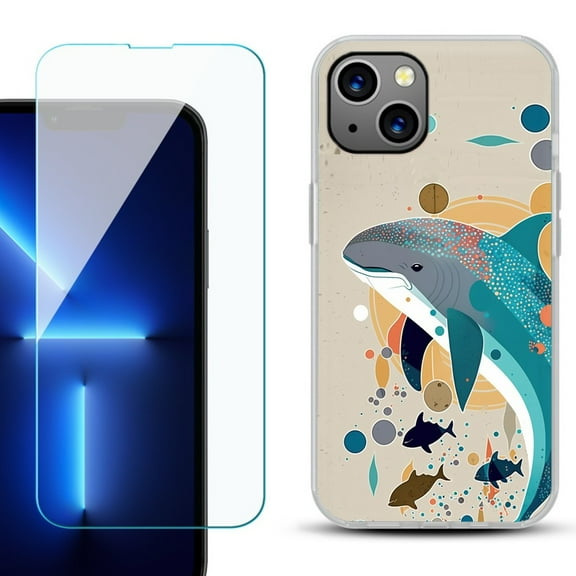 OneToughShield ® for iPhone 13 Shockproof Phone Case, with Tempered Glass Screen Protector - Dolphin Family