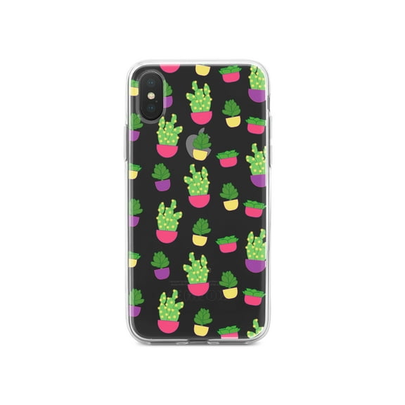 DistinctInk Clear Shockproof Hybrid Case for iPhone XS Max (6.5" Screen) - TPU Bumper, Acrylic Back, Tempered Glass Screen Protector - Succulents / Cacti
