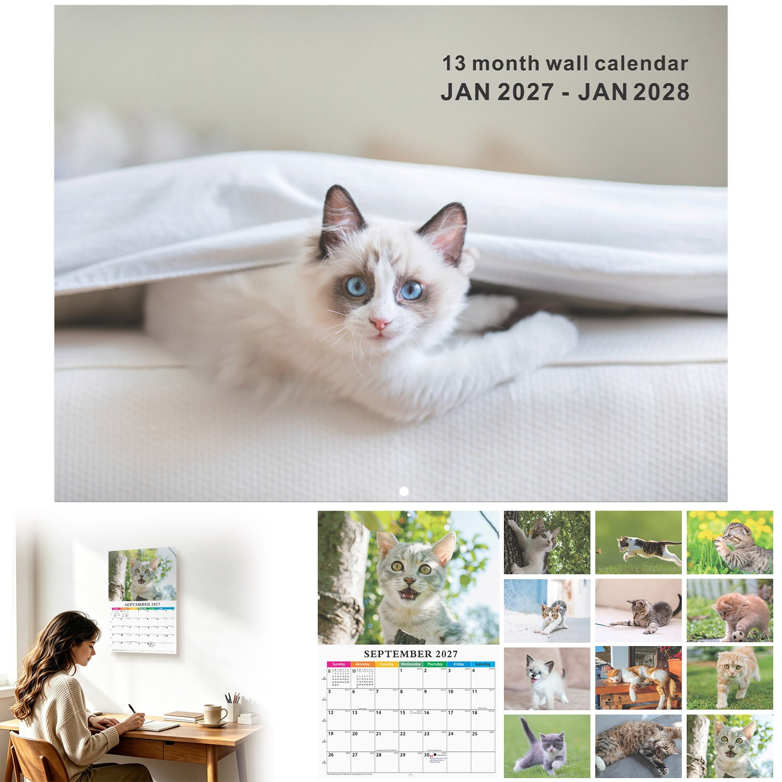 BinKFF Cat Wall Calendar 2027-2028 Funny 18-Month Cat Calendar Jan 2027-Jan 2028 Open Wall Calendar Hanging Wall Planner with Cute Photos for Home Decor