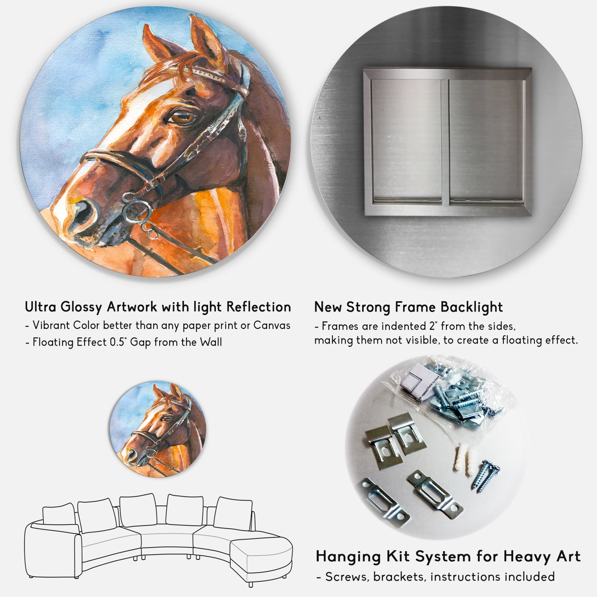 Designart 'Close Up Portrait of A Brown Horse' Farmhouse Circle Metal Wall Art 11x11 - Disc of 11