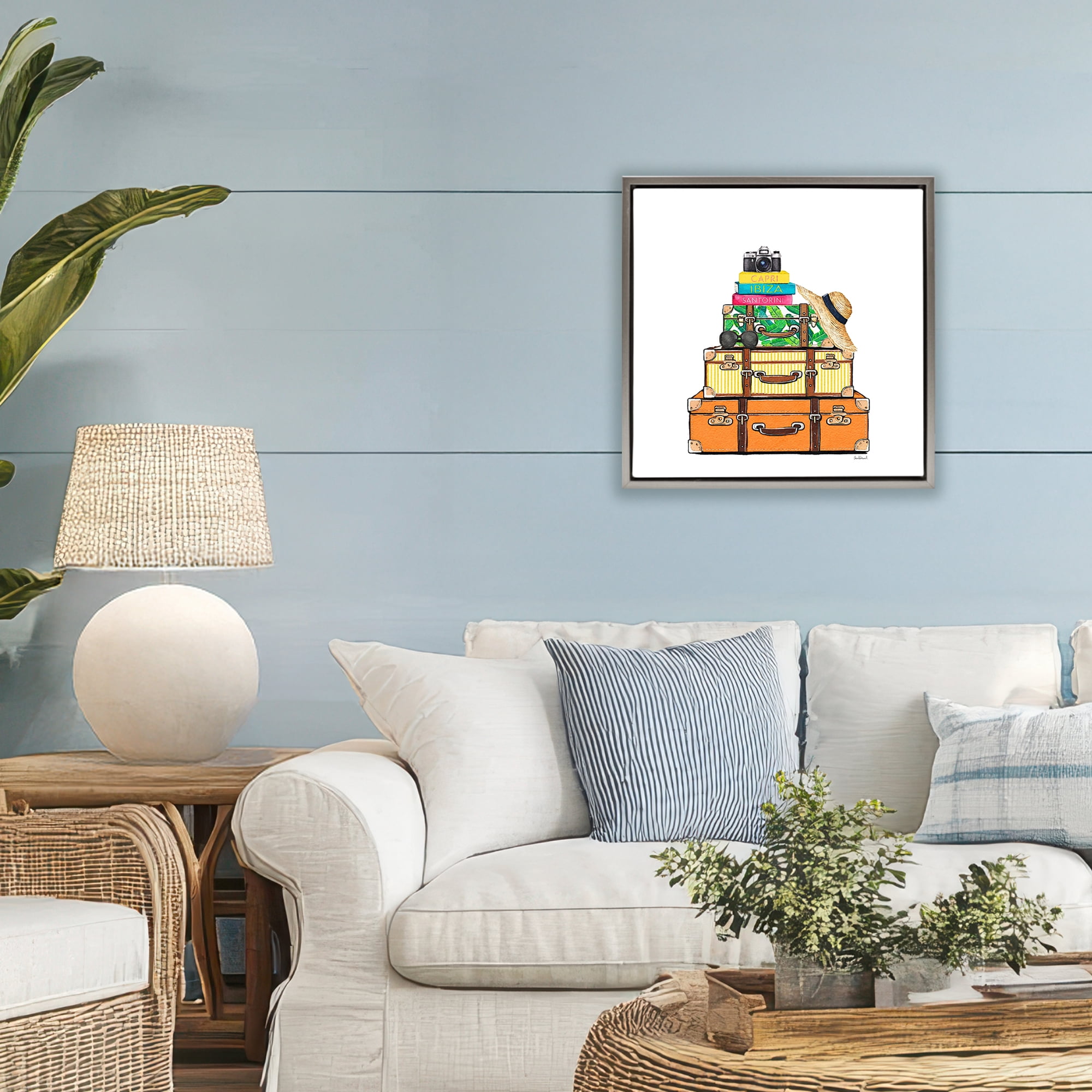 Stupell Industries Travel Suitcases & Camera Gray Framed Floater Canvas Wall Art, design by Amanda Greenwood
