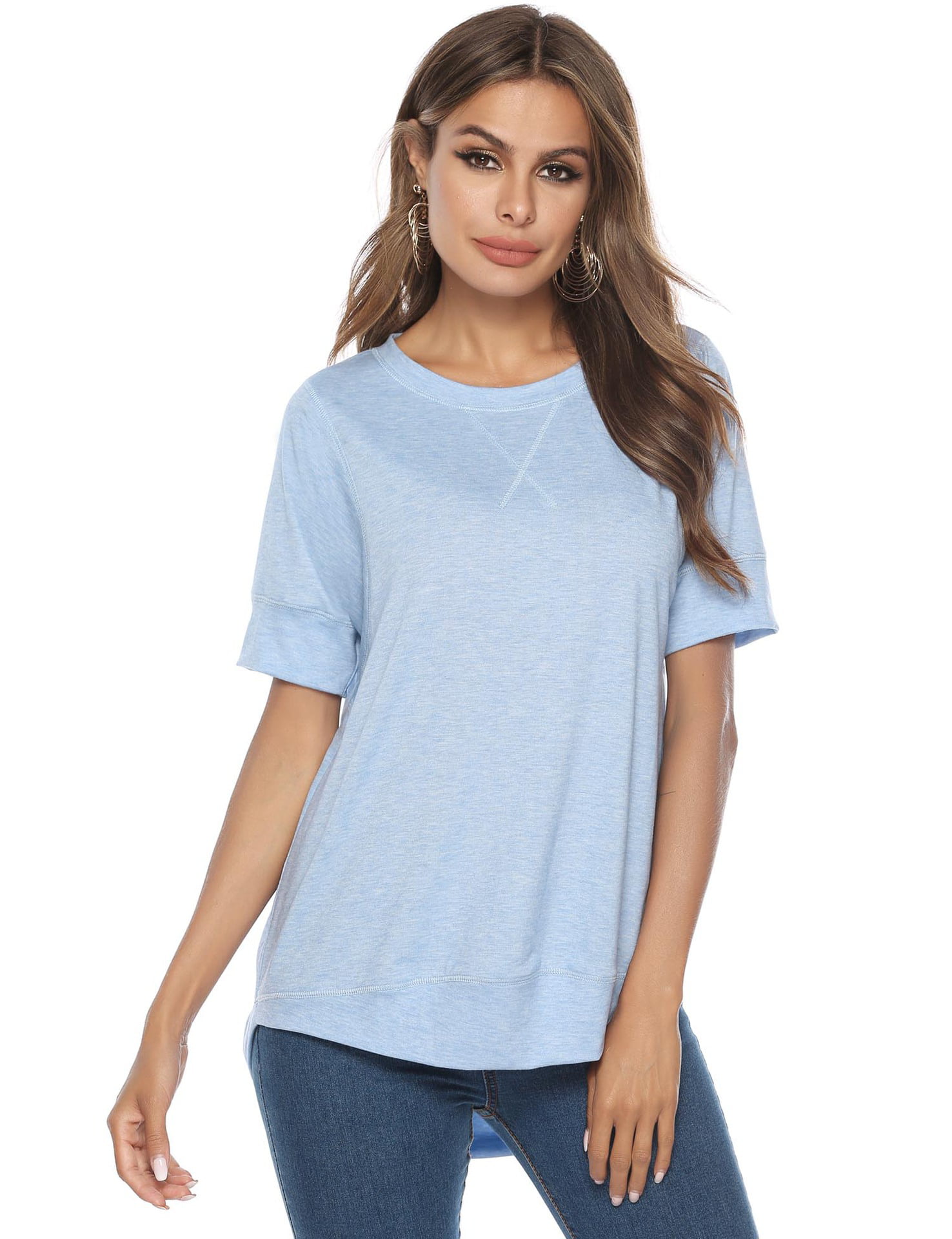 Women's Short Sleeve Round Neck Front Short Back Long Top Solid Color ...
