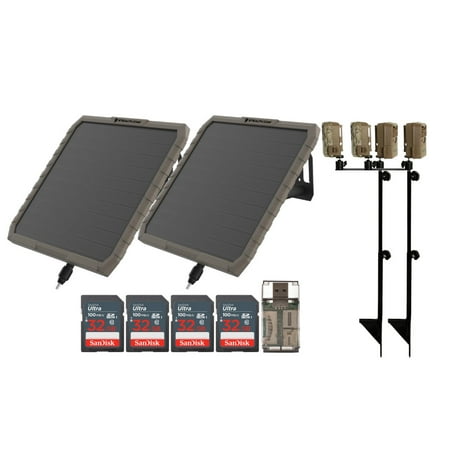 Stealth Cam FieldMax External EX 3000 mAh Solar Battery Pack with Solar Panel (2-Pack) Bundle with Dual Camera Ground Mount (Black 2-Pack) 32GB UHS-I Memory Card (4-Pack) and Card Reader (9 Items)