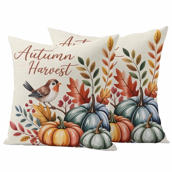 Thanksgiving Pumpkins Outdoor Waterproof Pillow Covers, Fall Leaves Autumn Country Bird Decorative Square Throw Pillowcase Sofa Cushion Sham for Patio/Couch/Chair, 20"x20" 2 Pack