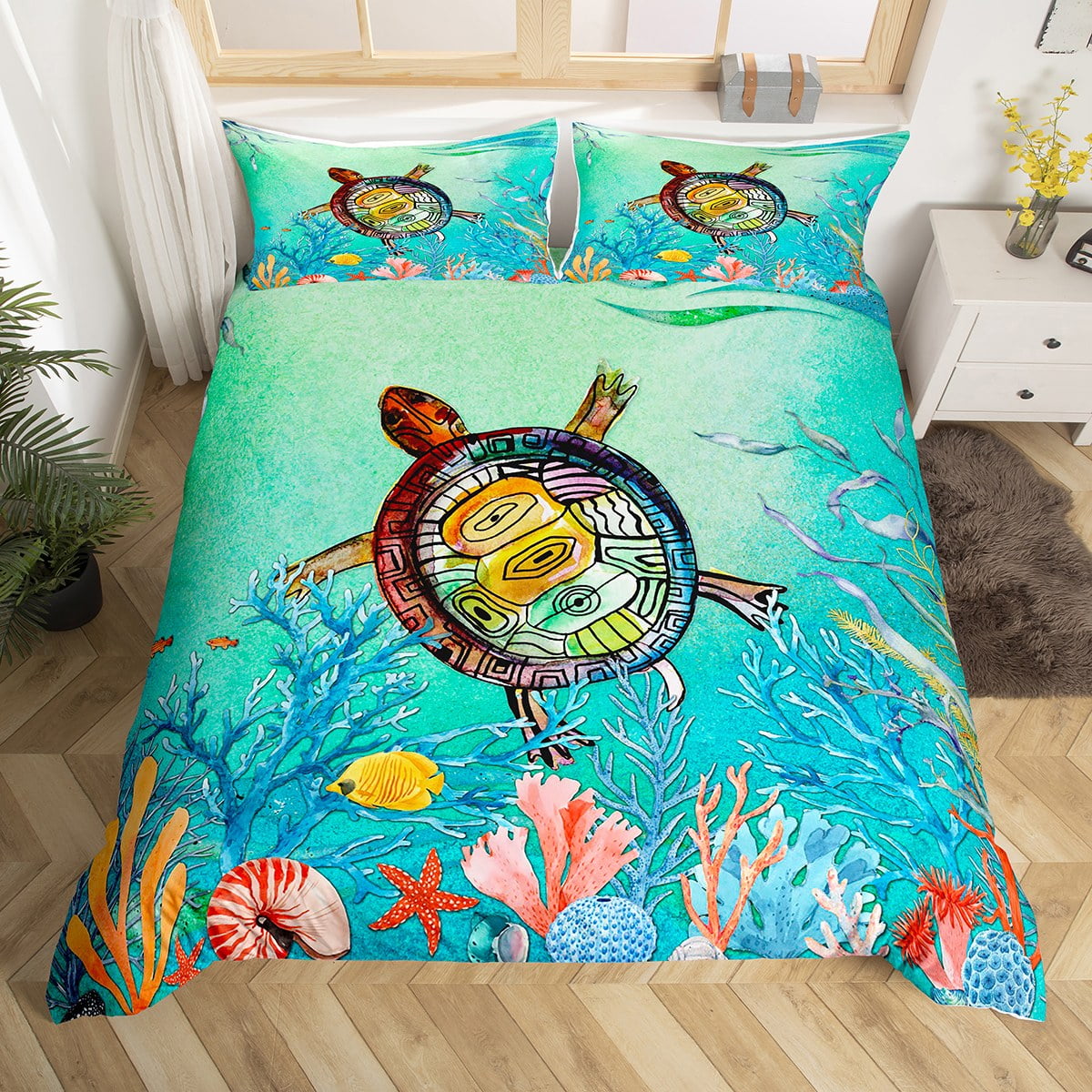 YST Sea Turtle Bedding Set Queen, Teal Tortoise Comforter Cover for