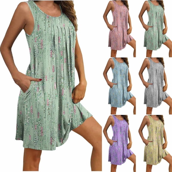 Simua Womens Nightgown with Pockets Printed Sleep Shirts Sleeveless Sleepwear Pleated Front Nightshirt Round Neck Nightdress