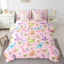 Manfei Colorful Cute Dinosaur Twin Bedding Sets 7-Piece,Jungle Animal Bedding Comforter Set,Hawaii Coconut Monstera Sheet Sets For Teens,Super Cozy Room Decor Reversible