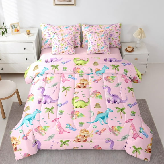 Manfei Colorful Cute Dinosaur Twin Bedding Sets 7-Piece,Jungle Animal Bedding Comforter Set,Hawaii Coconut Monstera Sheet Sets For Teens,Super Cozy Room Decor Reversible
