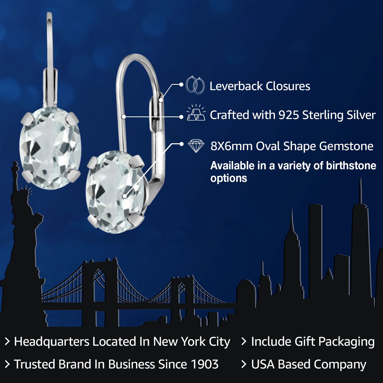 Gem Stone King 925 Sterling Silver Sky Blue Aquamarine Leverback Earrings for Women (2.40 Cttw, Gemstone March Birthstone, Oval 8X6mm)
