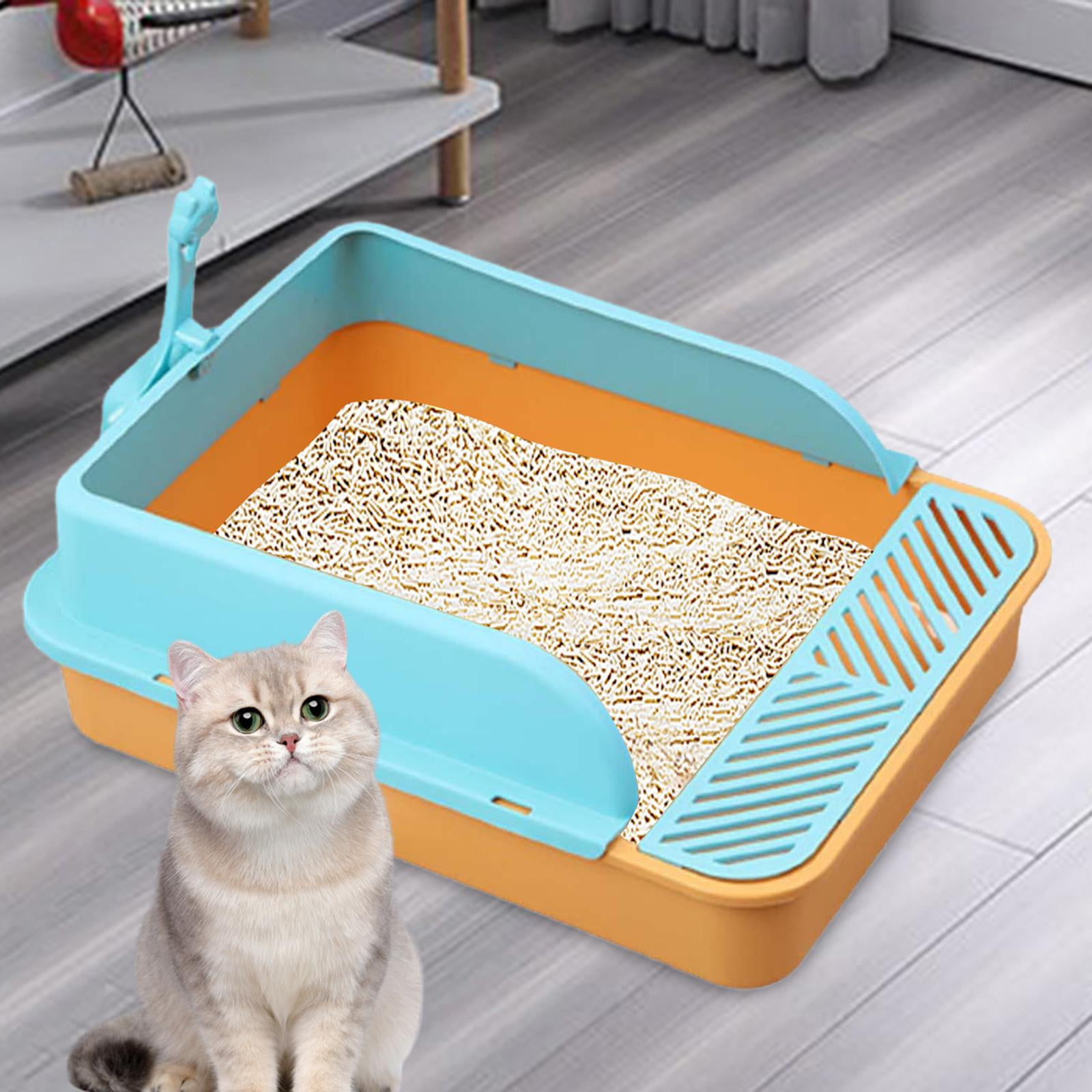 Cat Litter Tray Kitty Litter Pan Cat Sand Box Semi Enclosed Open Top Pet Kitten Toilet for Small Animals Easy to Clean, No Odor Orange and Blue Color L