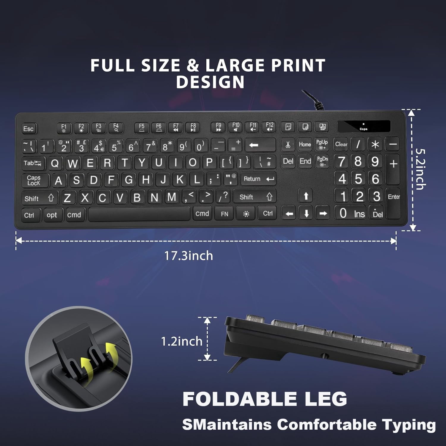 Large Print Backlit Keyboard for Mac – Full Size Wired Layout Computer Keyboard with White LED Backlight, USB A + C Plug-N-Play, Compatible with Mac Mini, iMac, MacBook Pro/Air