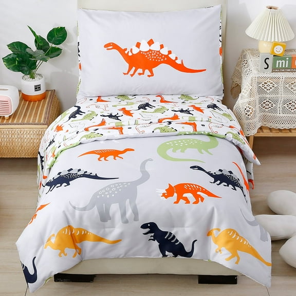 PERFEMET 4-Piece Toddler Bedding Set - Ultra Soft Cartoon Jurassic Dinosaur Print Boys Toddler Comforter Set - Include Comforter, Flat Sheet, Fitted Sheet and Reversible Pillowcase, Gray Dinosaur