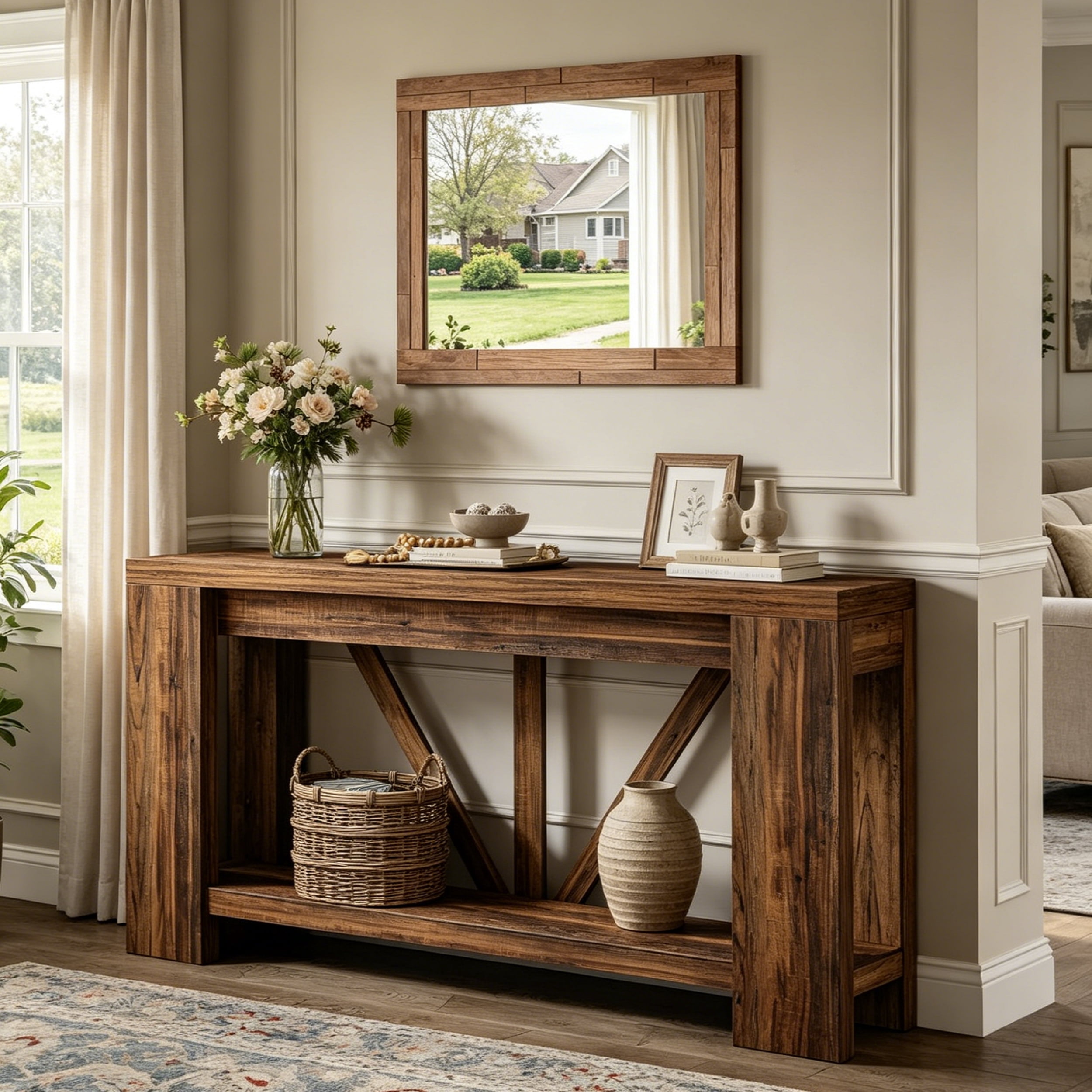 Fnova 70.9" Console Table, 2-Tier Farmhouse Entryway Table, Narrow Long Wood Sofa Table Behind Couch with V-Shaped Support for Living Room, Hallway, Foyer