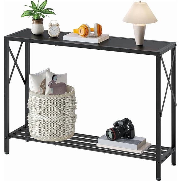 Console Table 41.8”, 2-Tier Industrial Entryway Table, Narrow Entrance Sofa Table with Shelves, Hallway, Living Room, Foyer, Corridor, Office, Rustic Brown and Black