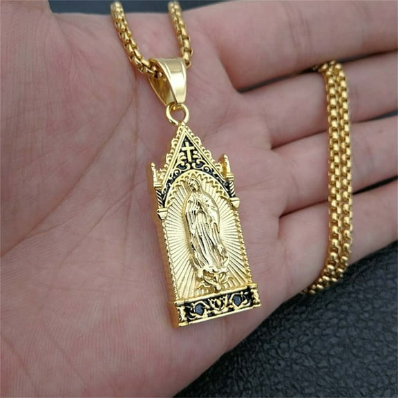 Religious Virgin Mary Pendant Female 14K Yellow Gold Madonna Necklace for Women Religion Fashion Party Jewelry Gift