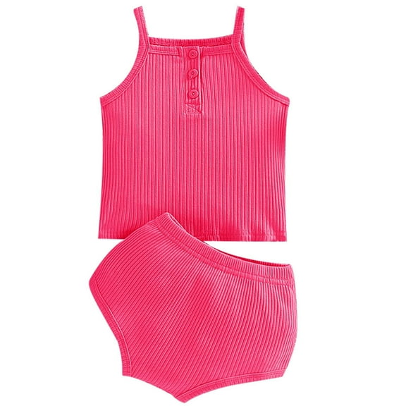 MEZZALL Baby Girls Spaghetti Solid Color Crop Tops Short Clothes Outfits Set Stylish Dailywear, Hot Pink, 18-24 Months