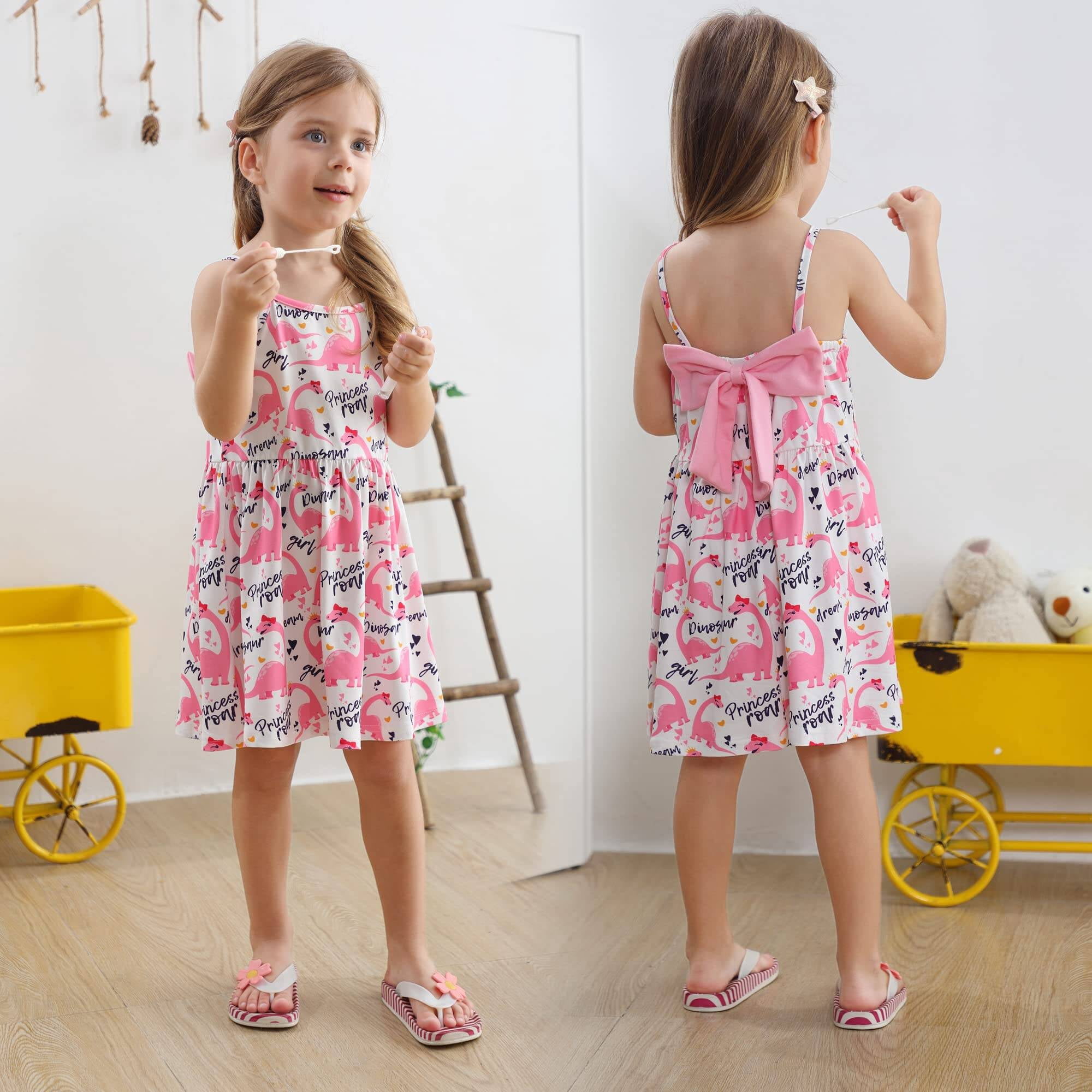 Little Girls Dinosaur Dress Toddler Baby Pink Bowknot Summer Dresses Sundress 2T (Dino-311)